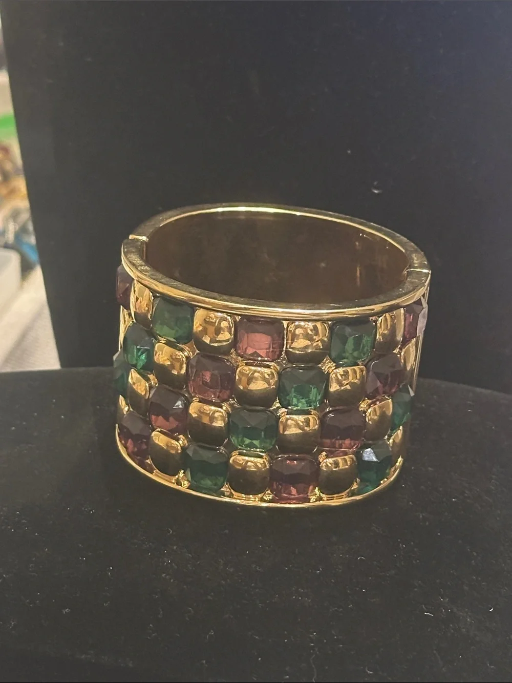 Gold Cuff Bracelet with Green and Amber Gemstones